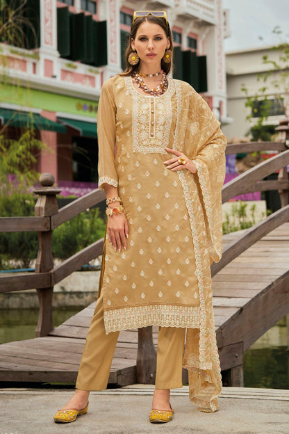 Beige Colour Soft Organza Pakistani Suit