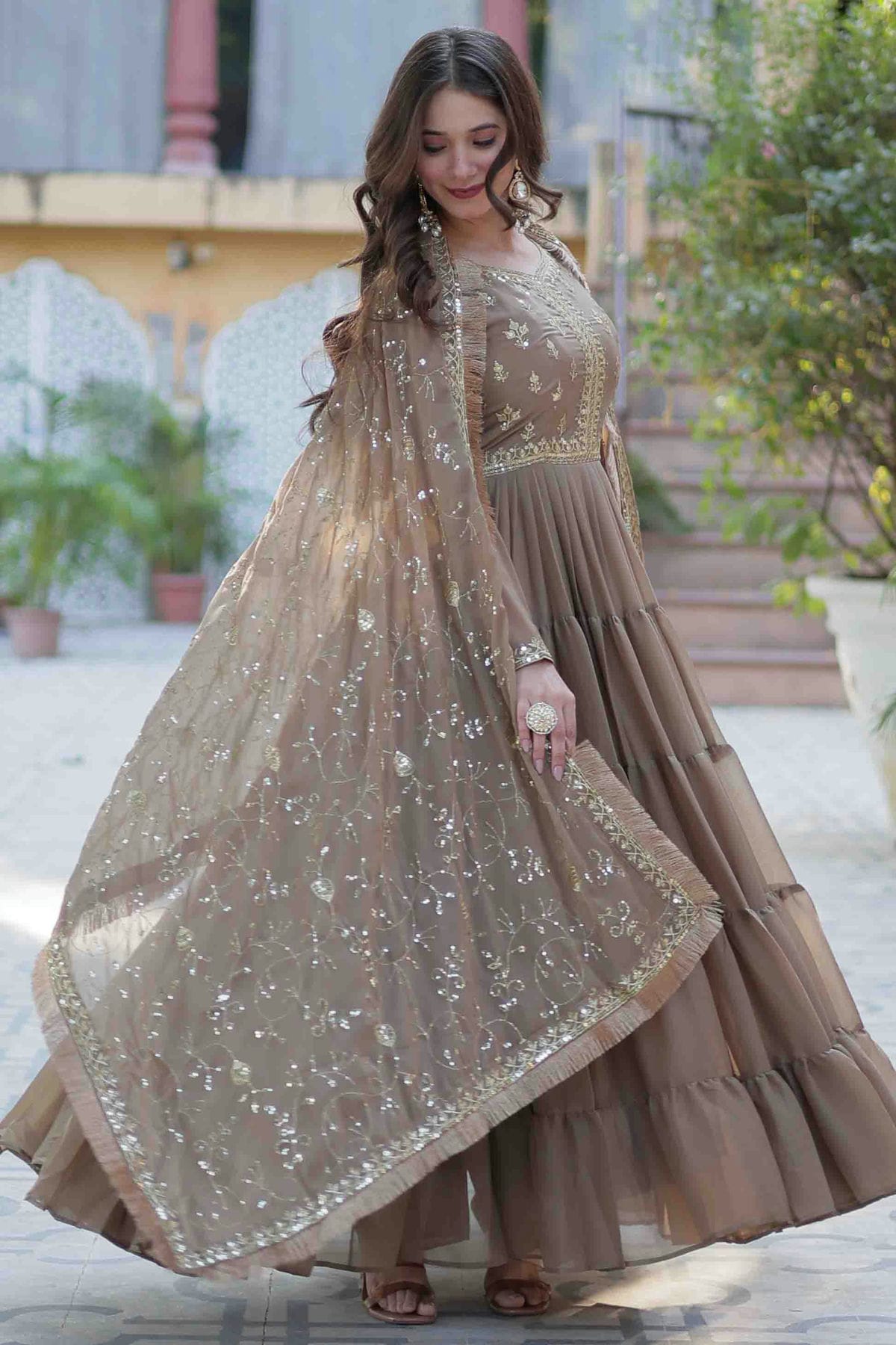 Beige Colour Stitched Georgette Gown