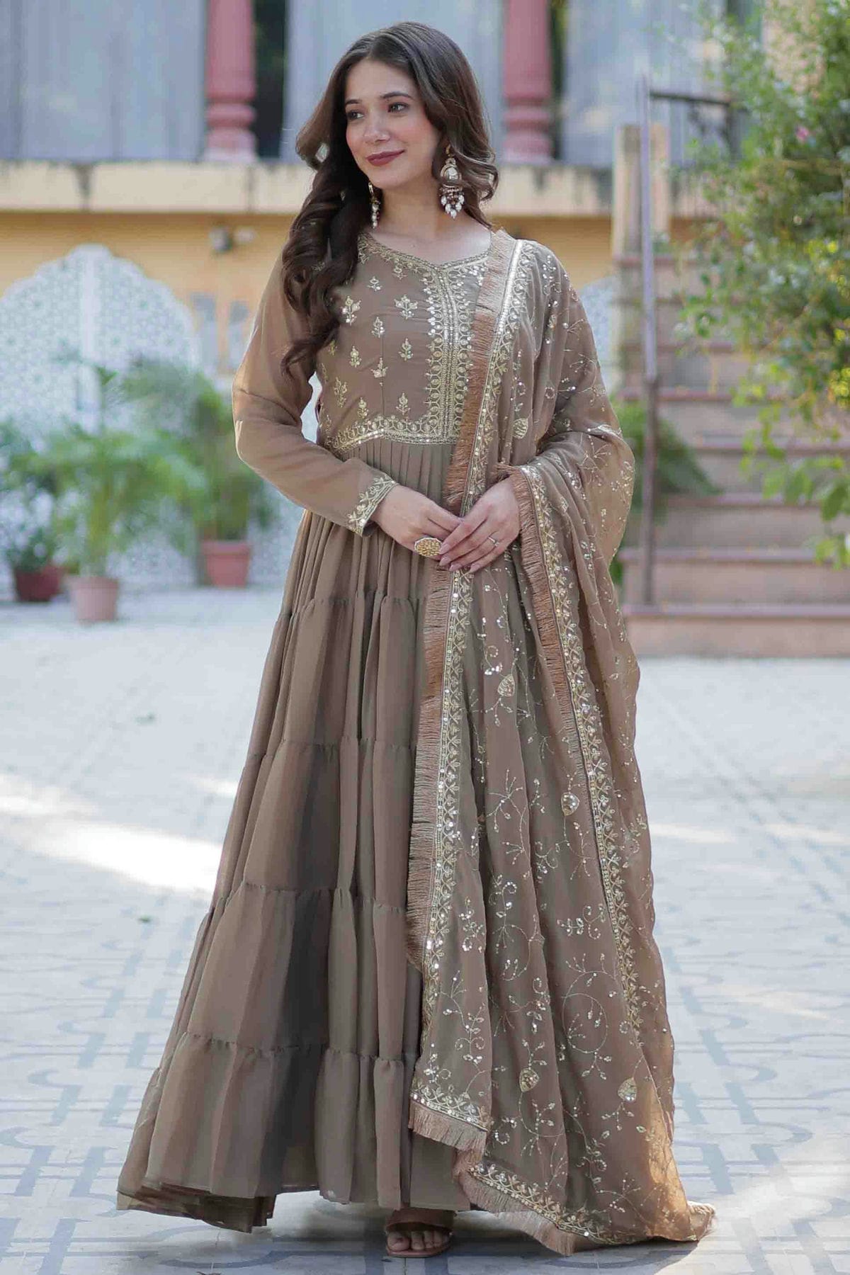 Beige Colour Stitched Georgette Gown VSGW1112804