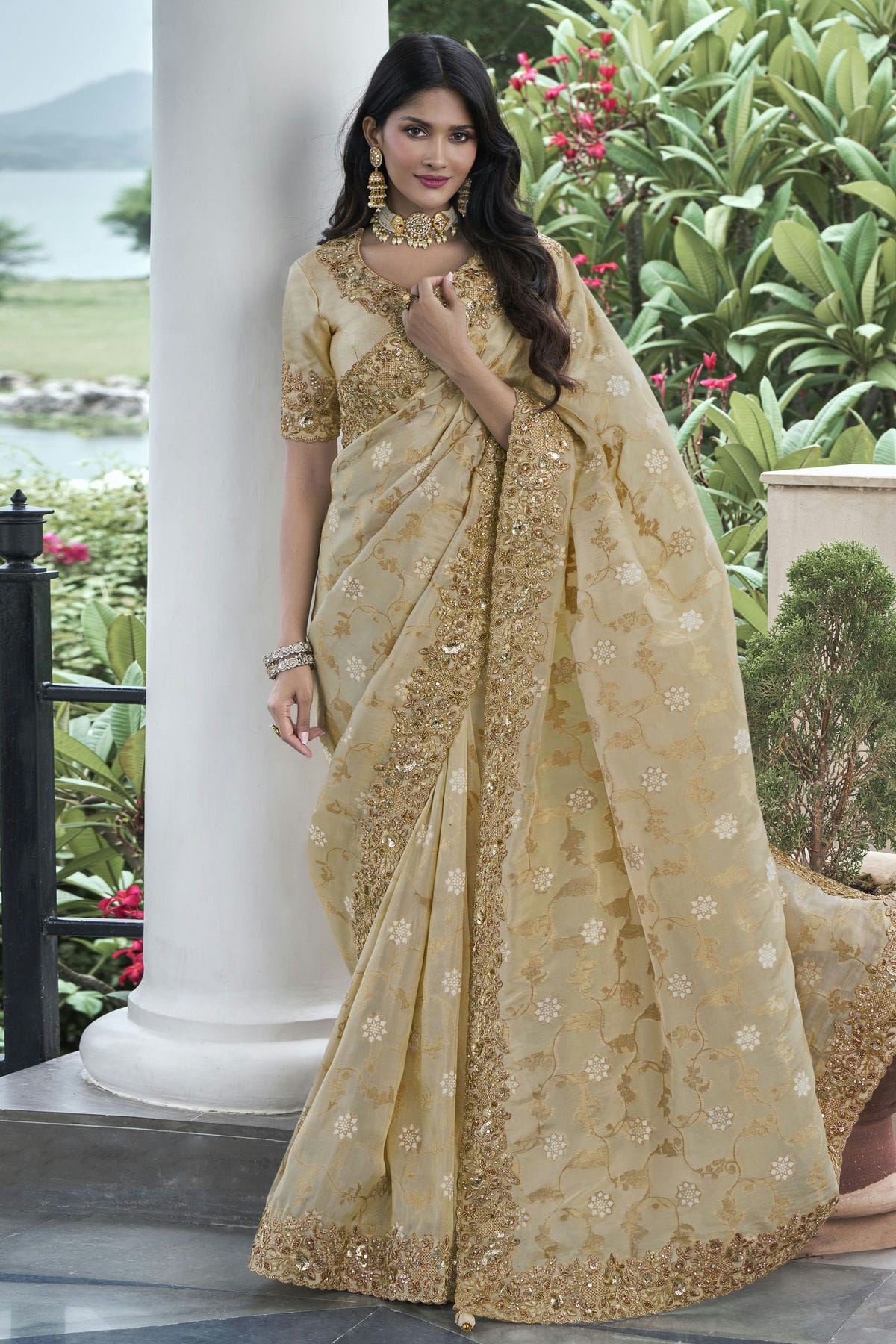 Beige Colour Tissue Silk Designer Saree