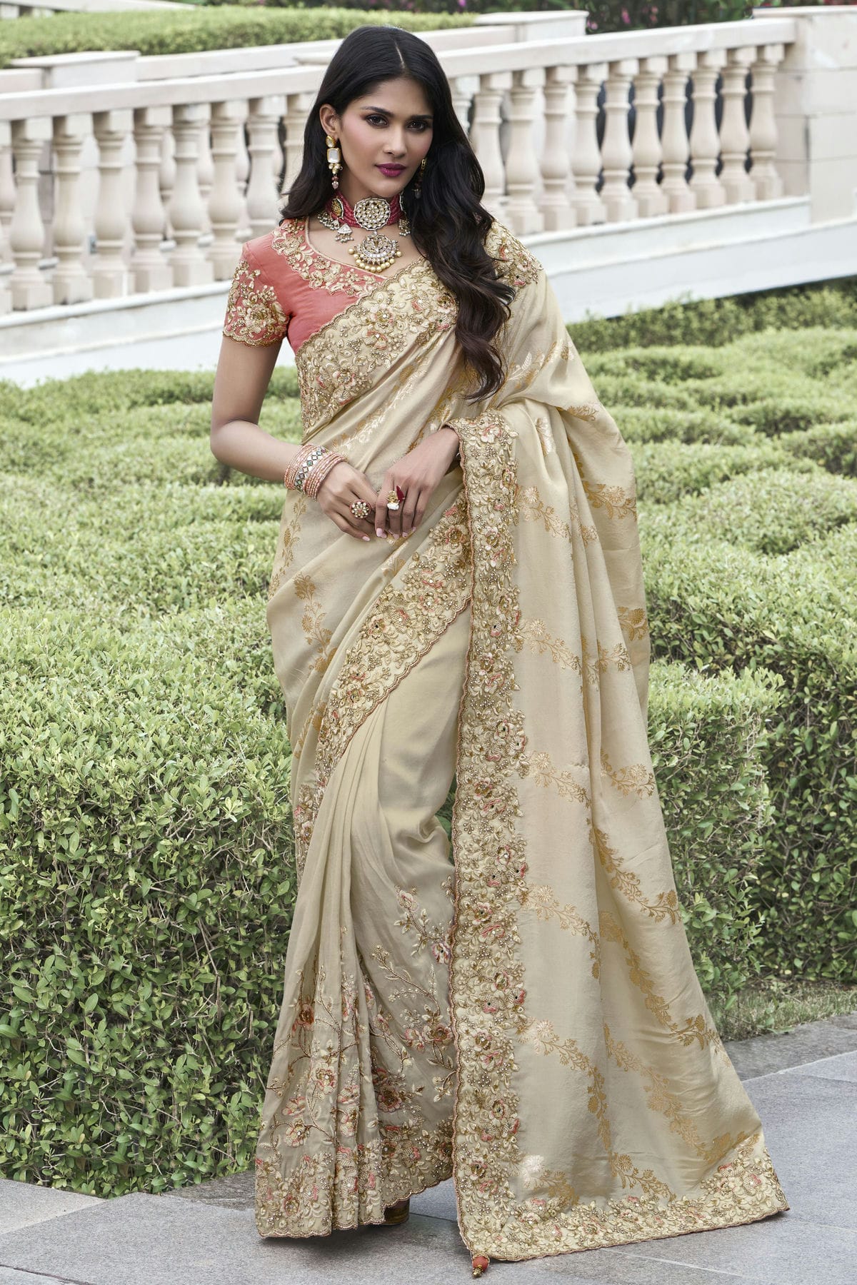 Beige Colour Tissue Silk Designer Saree