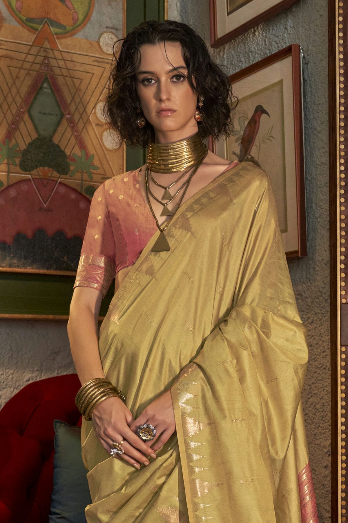 Beige Colour Tussar Silk Woven Work Saree VSSD1290002