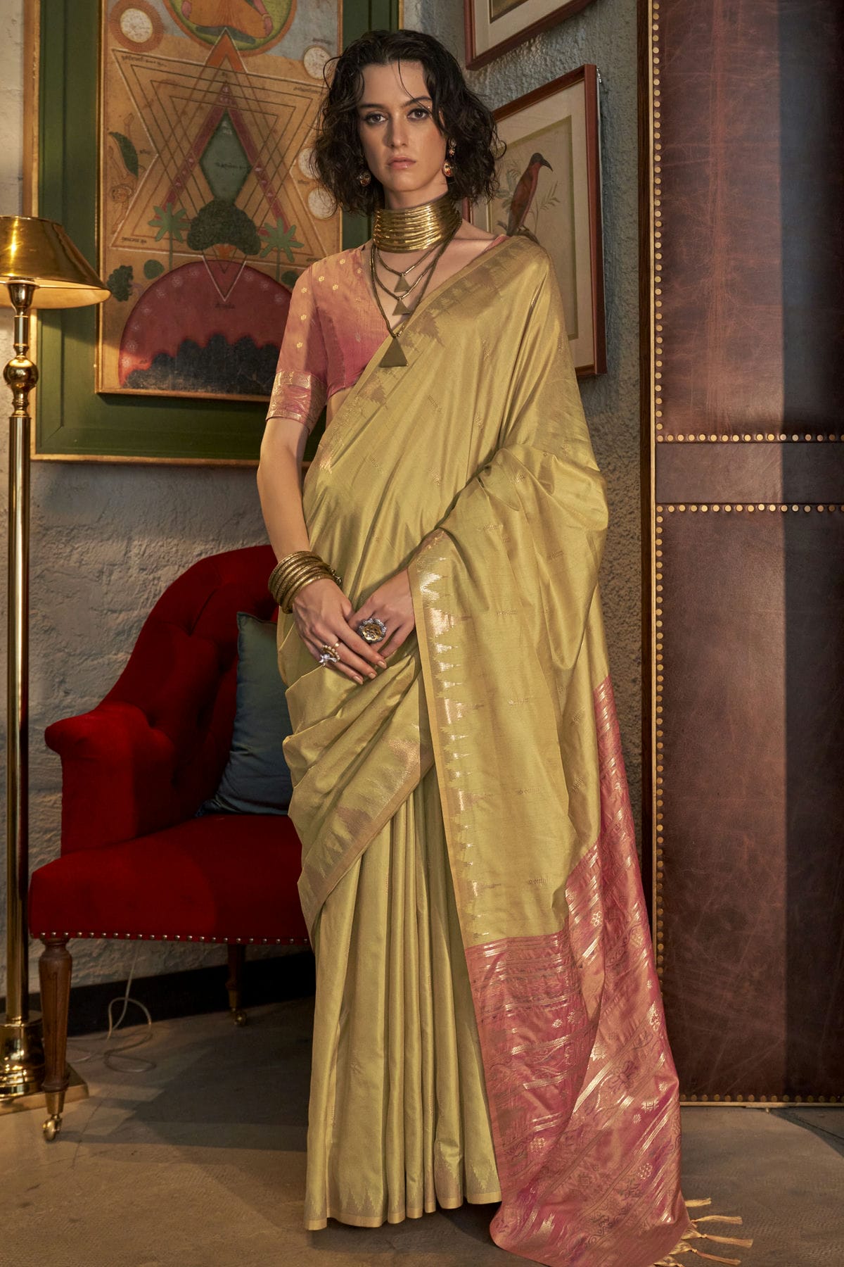 Beige Colour Tussar Silk Woven Work Saree