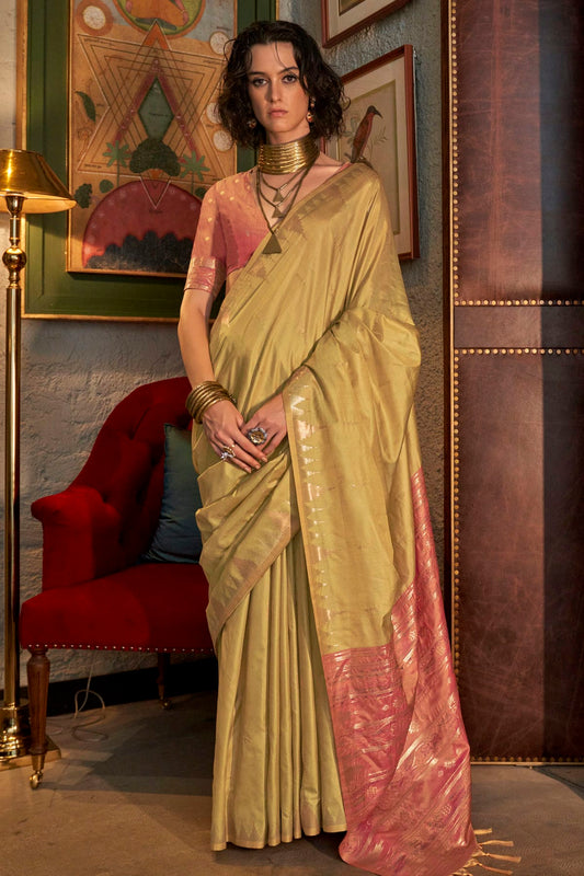 Beige Colour Tussar Silk Woven Work Saree