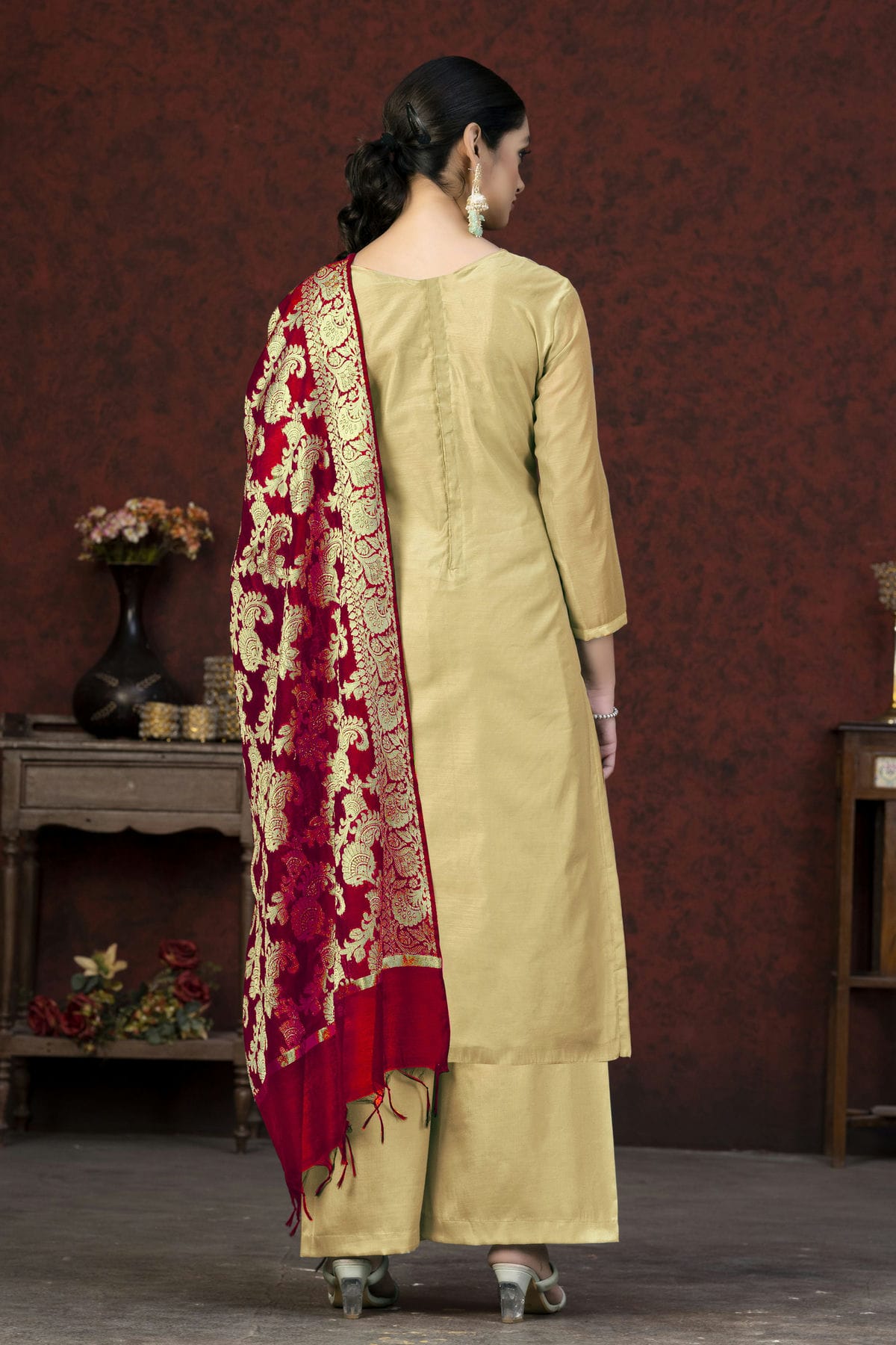 Beige Colour Unstitched Banarasi Jacquard Palazoo Pant Suit