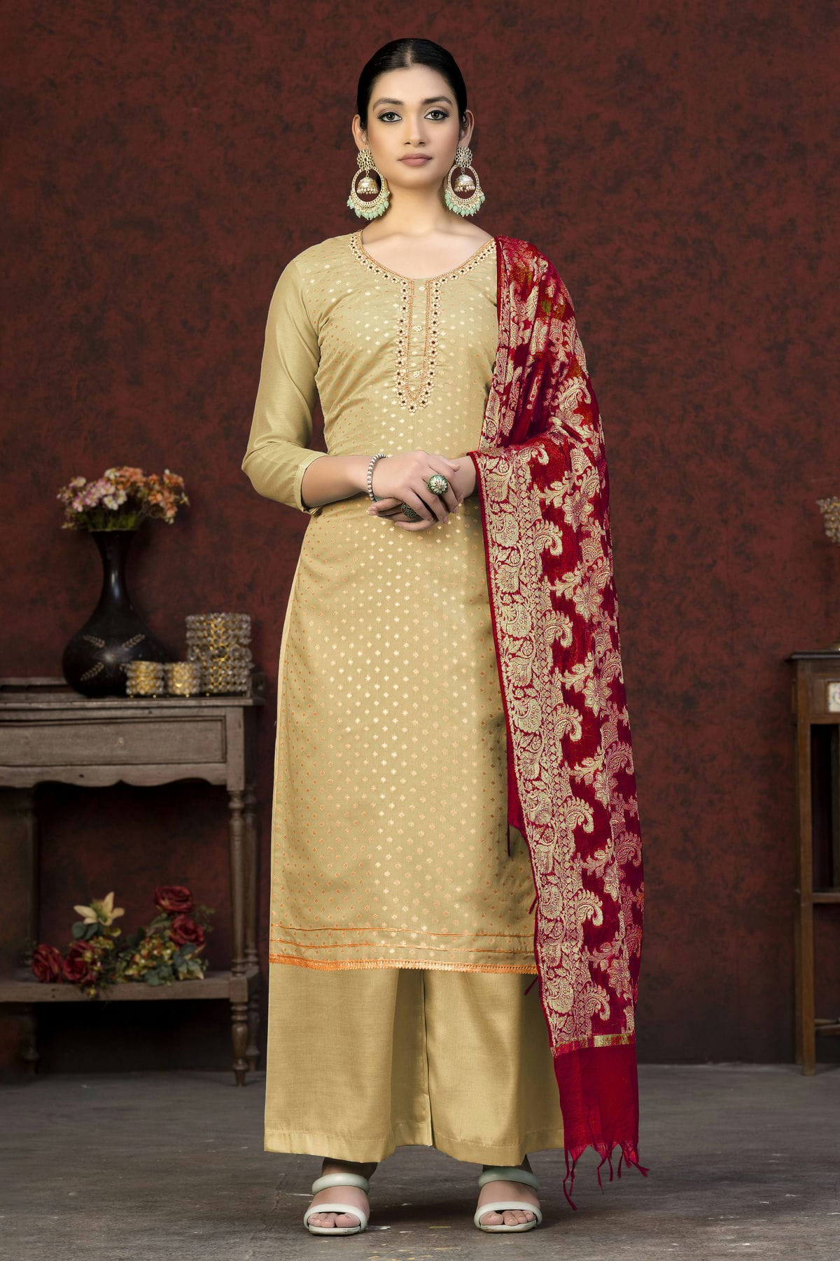 Beige Colour Unstitched Banarasi Jacquard Palazoo Pant Suit