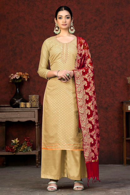 Beige Colour Unstitched Banarasi Jacquard Palazoo Pant Suit