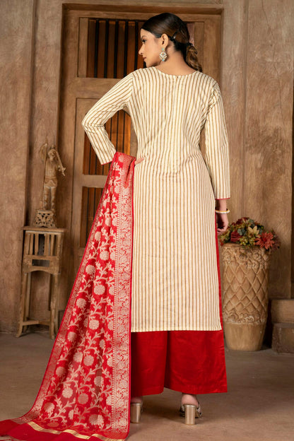 Beige Colour Unstitched Cambric  Cotton Palazoo Pant Suit