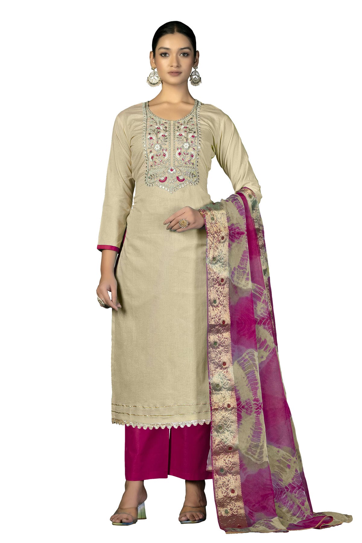 Beige Colour Unstitched Cambric Cotton Fabric Straight Suit