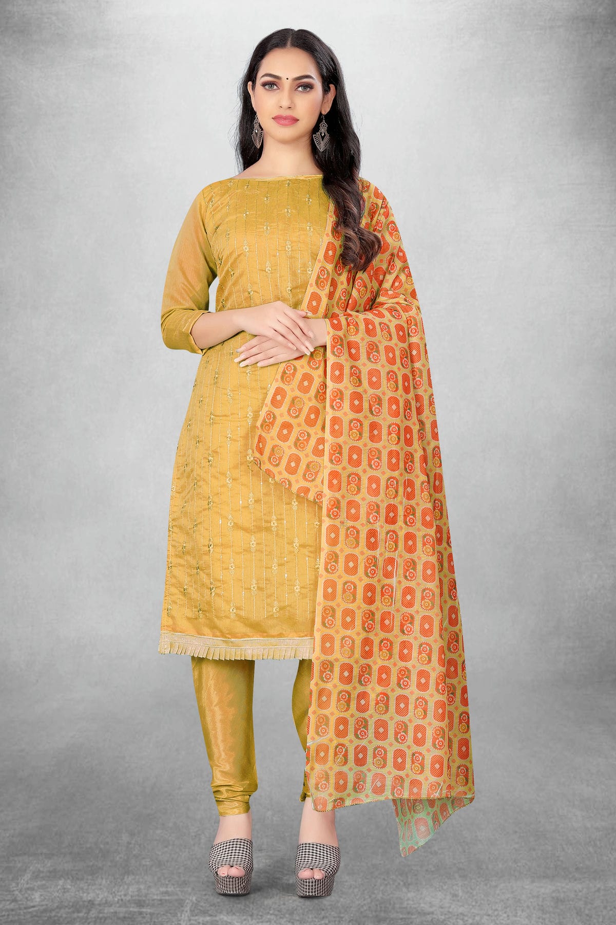 Beige Colour Unstitched Chanderi Churidar Suit