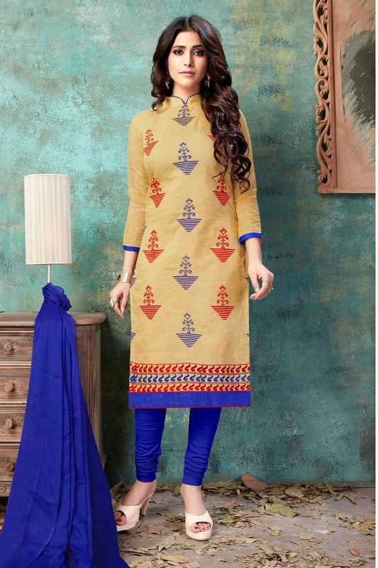 Beige Colour Unstitched Chanderi Cotton Straight Suit