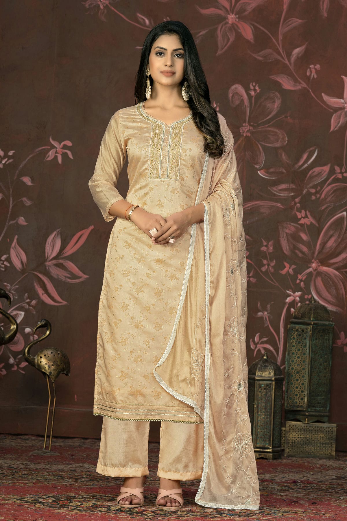 Beige Colour Unstitched Cotton Jacquard Straight Suit