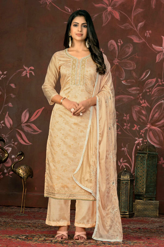 Beige Colour Unstitched Cotton Jacquard Straight Suit