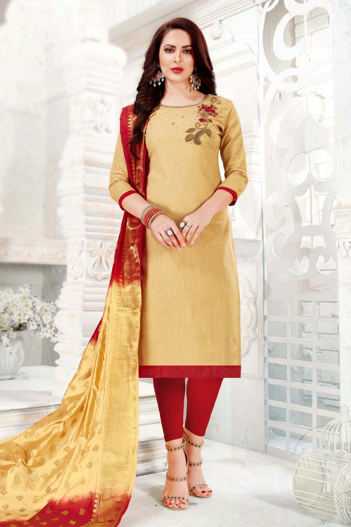 Beige Colour Unstitched Cotton South Slub Straight Suit