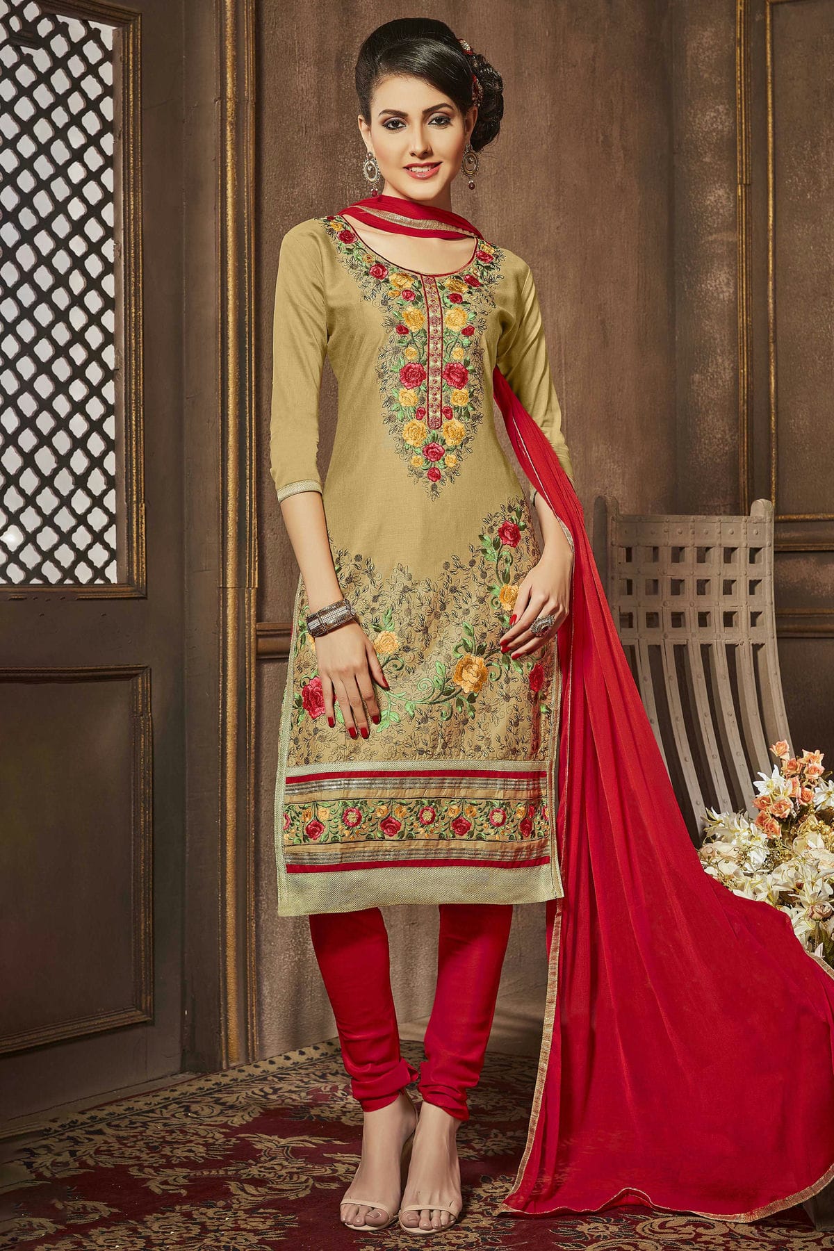 Beige Colour Unstitched Glaze Cotton Churidar Suit