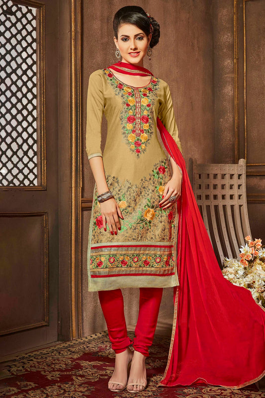 Beige Colour Unstitched Glaze Cotton Churidar Suit