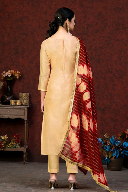 Beige Colour Unstitched Modal Chanderi Fabric Straight Suit