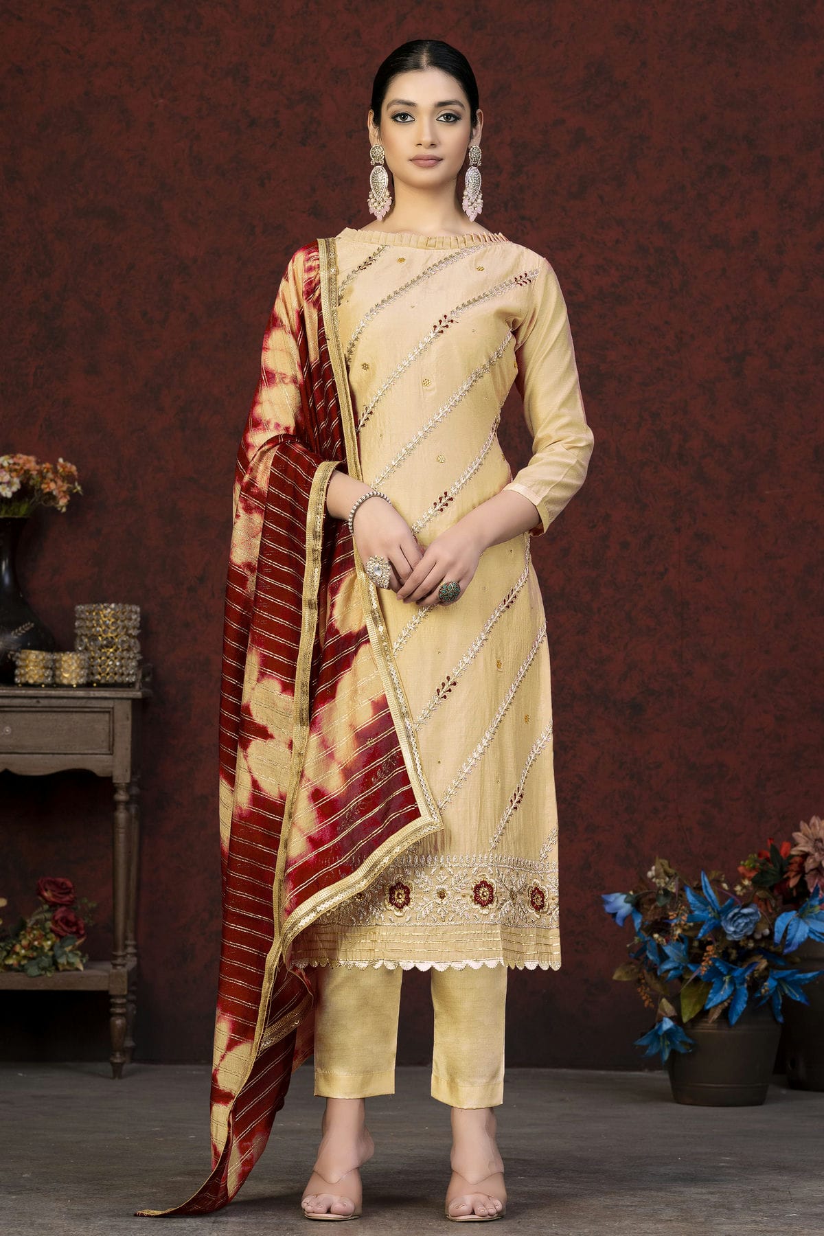 Beige Colour Unstitched Modal Chanderi Fabric Straight Suit