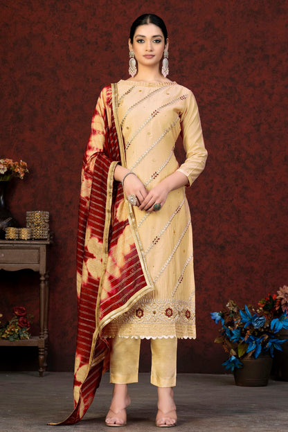 Beige Colour Unstitched Modal Chanderi Fabric Straight Suit