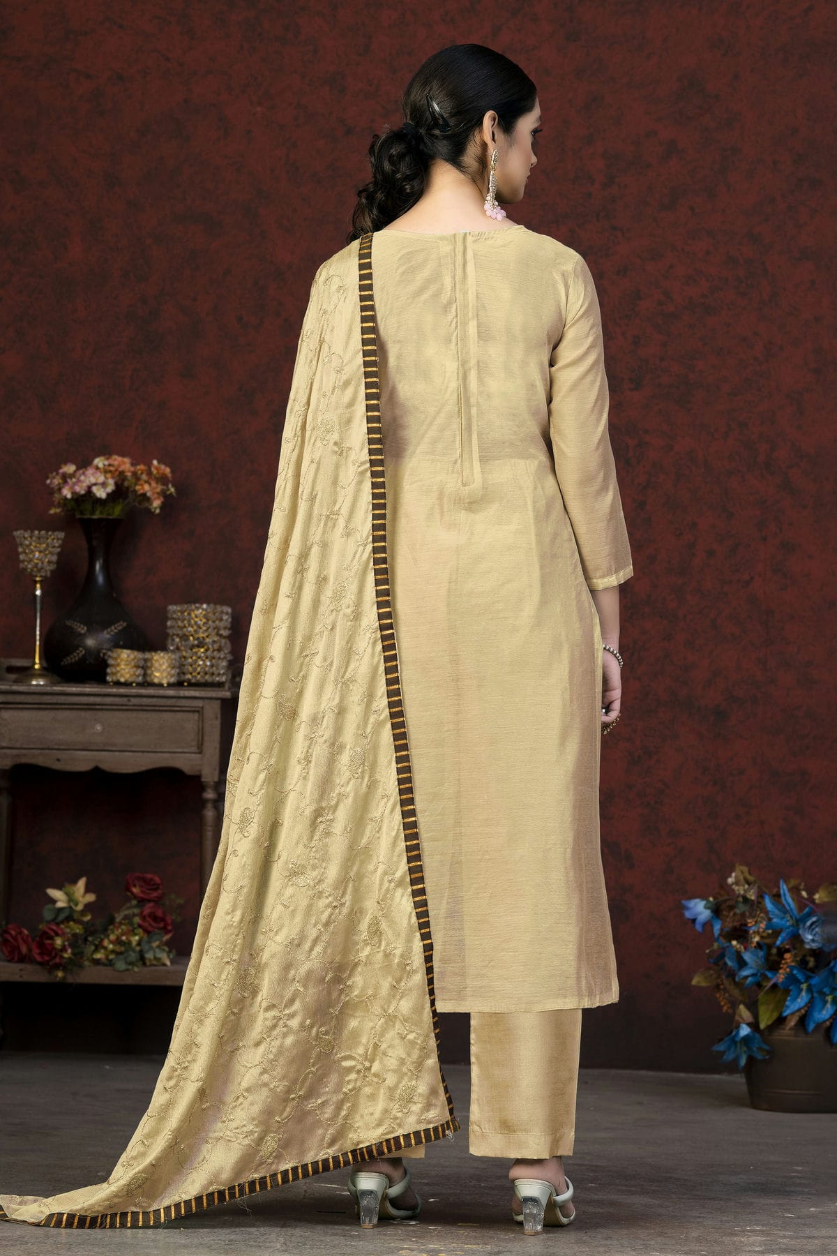 Beige Colour Unstitched Modal Chanderi Fabric Straight Suit