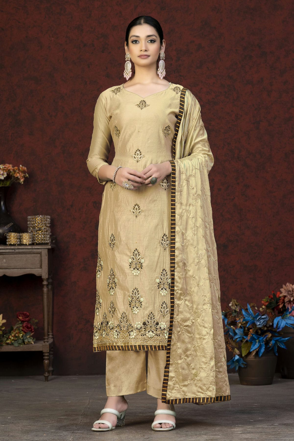 Beige Colour Unstitched Modal Chanderi Fabric Straight Suit