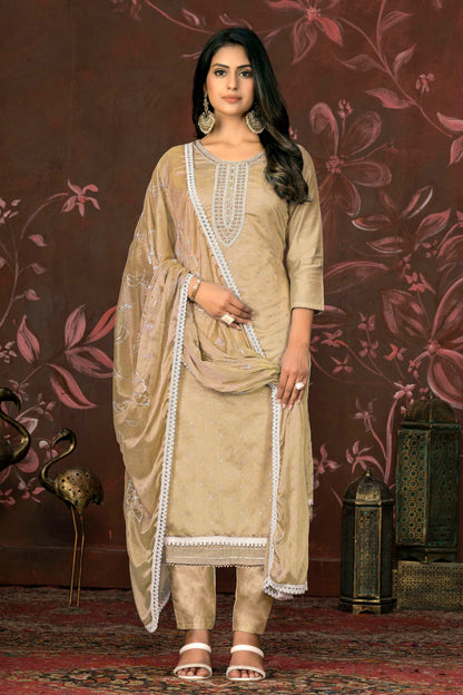 Beige Colour Unstitched Modal Cotton Pant Style Suit