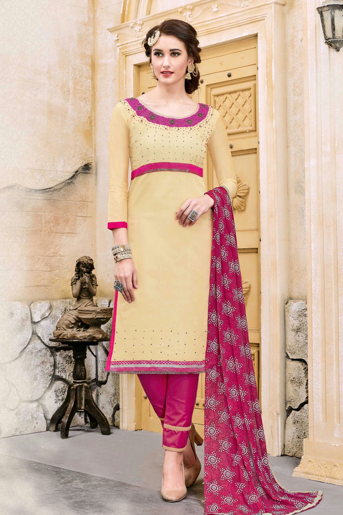 Beige Colour Unstitched Modal Cotton Straight Suit