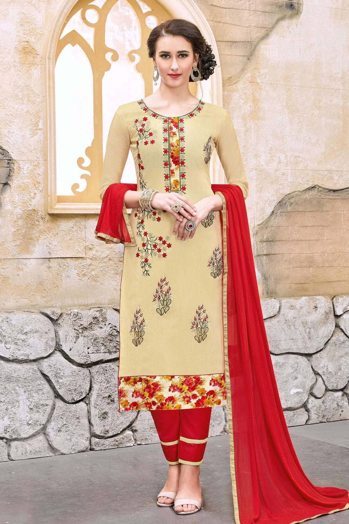 Beige Colour Unstitched Modal Cotton Straight Suit