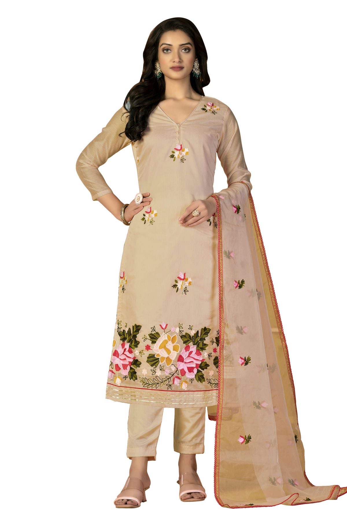 Beige Colour Unstitched Modal Silk Fabric Straight Suit