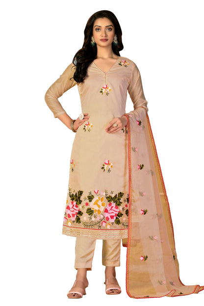 Beige Colour Unstitched Modal Silk Fabric Straight Suit