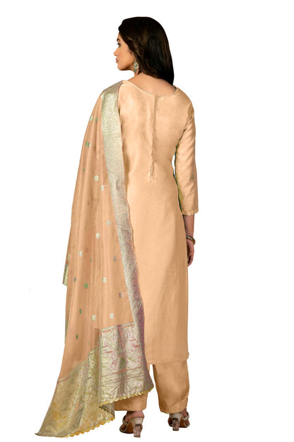 Beige Colour Unstitched Modal Silk Fabric Straight Suit