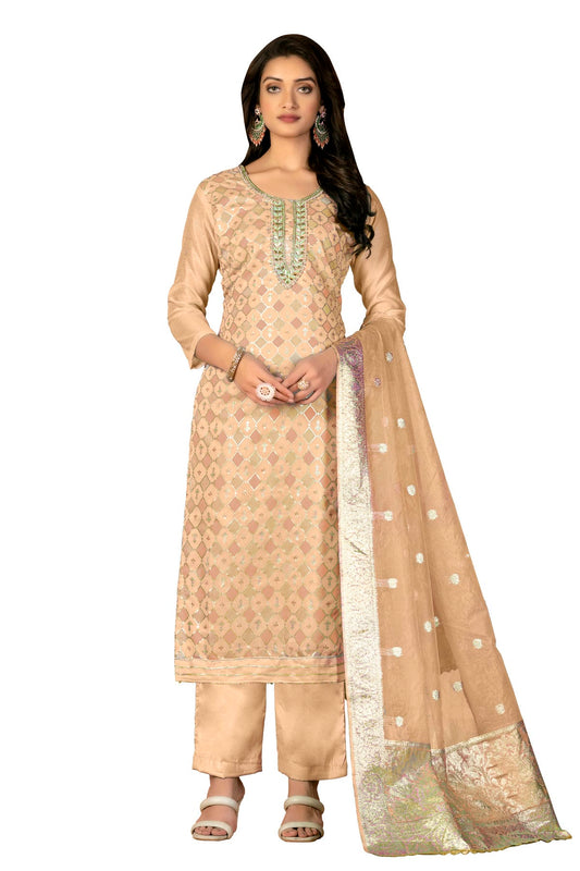 Beige Colour Unstitched Modal Silk Fabric Straight Suit