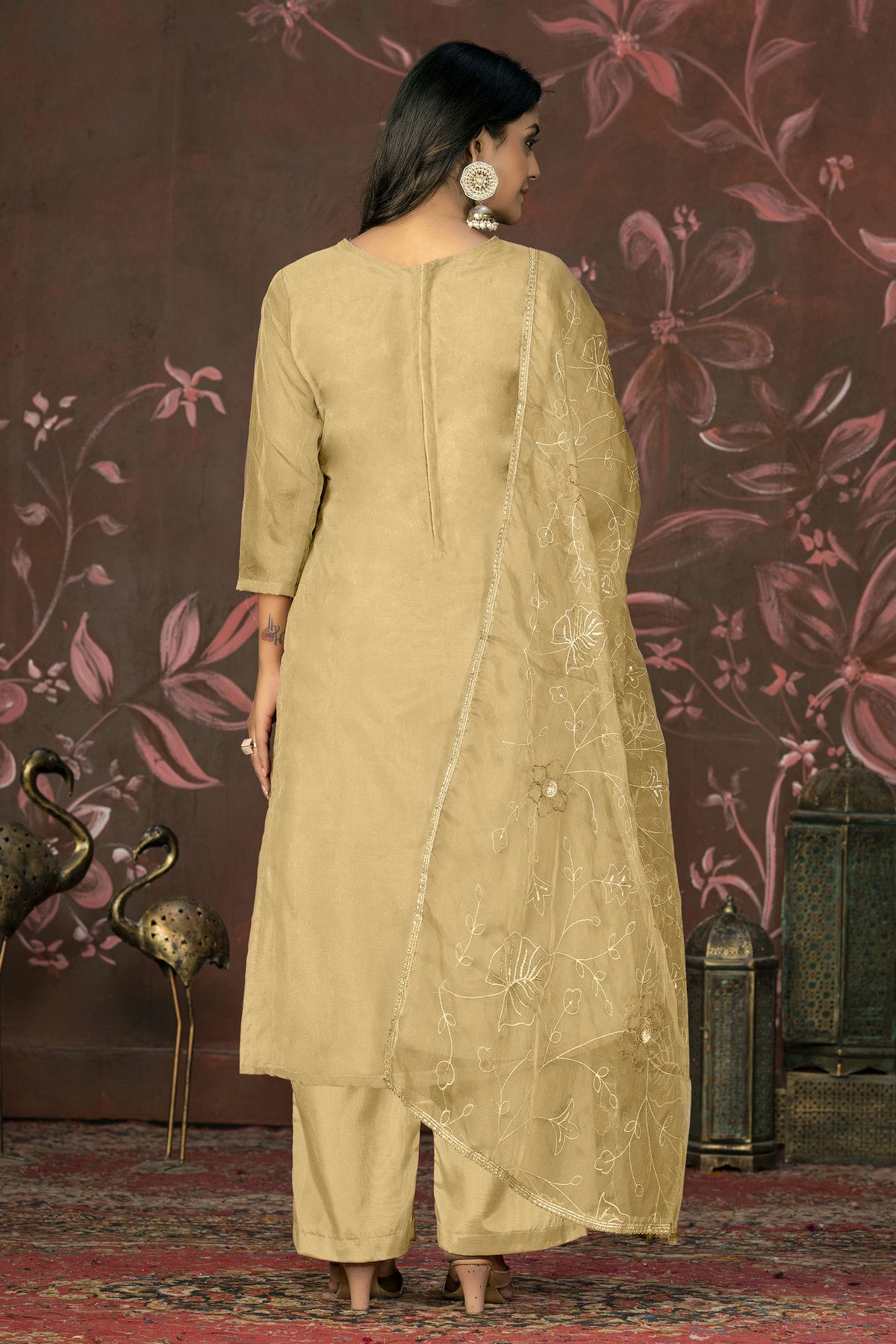 Beige Colour Unstitched Organza Jacquard Straight Suit