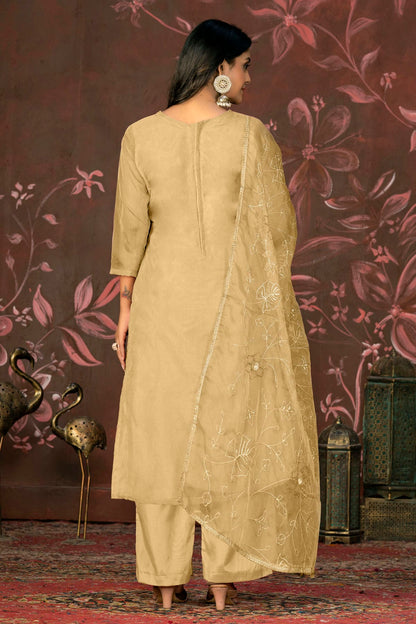 Beige Colour Unstitched Organza Jacquard Straight Suit