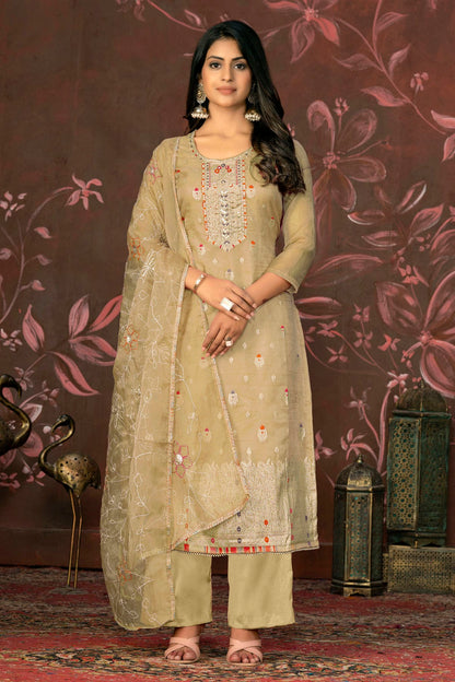 Beige Colour Unstitched Organza Jacquard Straight Suit