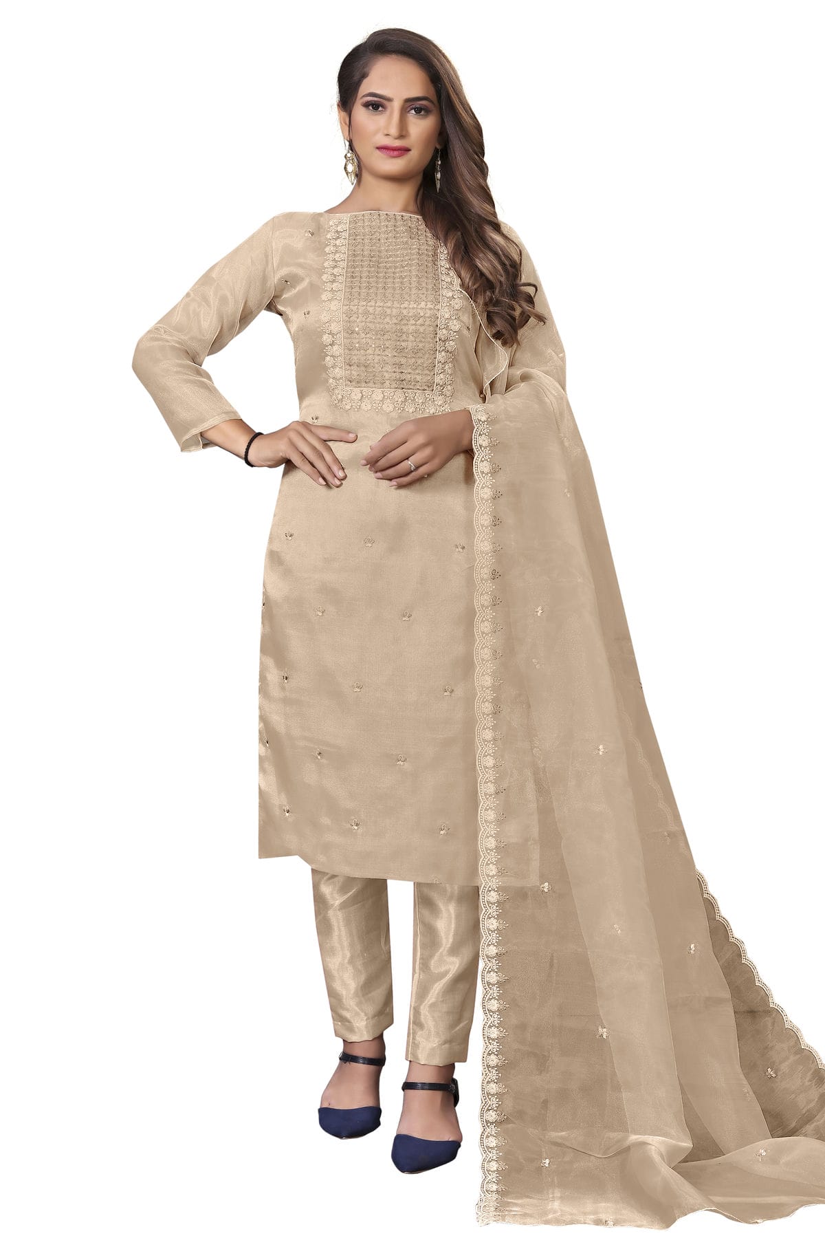 Beige Colour Unstitched Organza Straight Suit