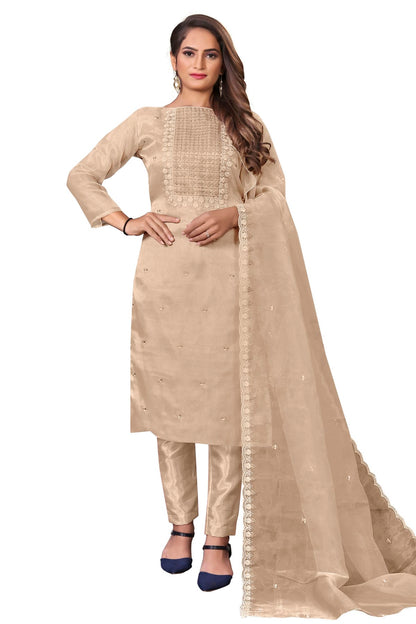 Beige Colour Unstitched Organza Straight Suit