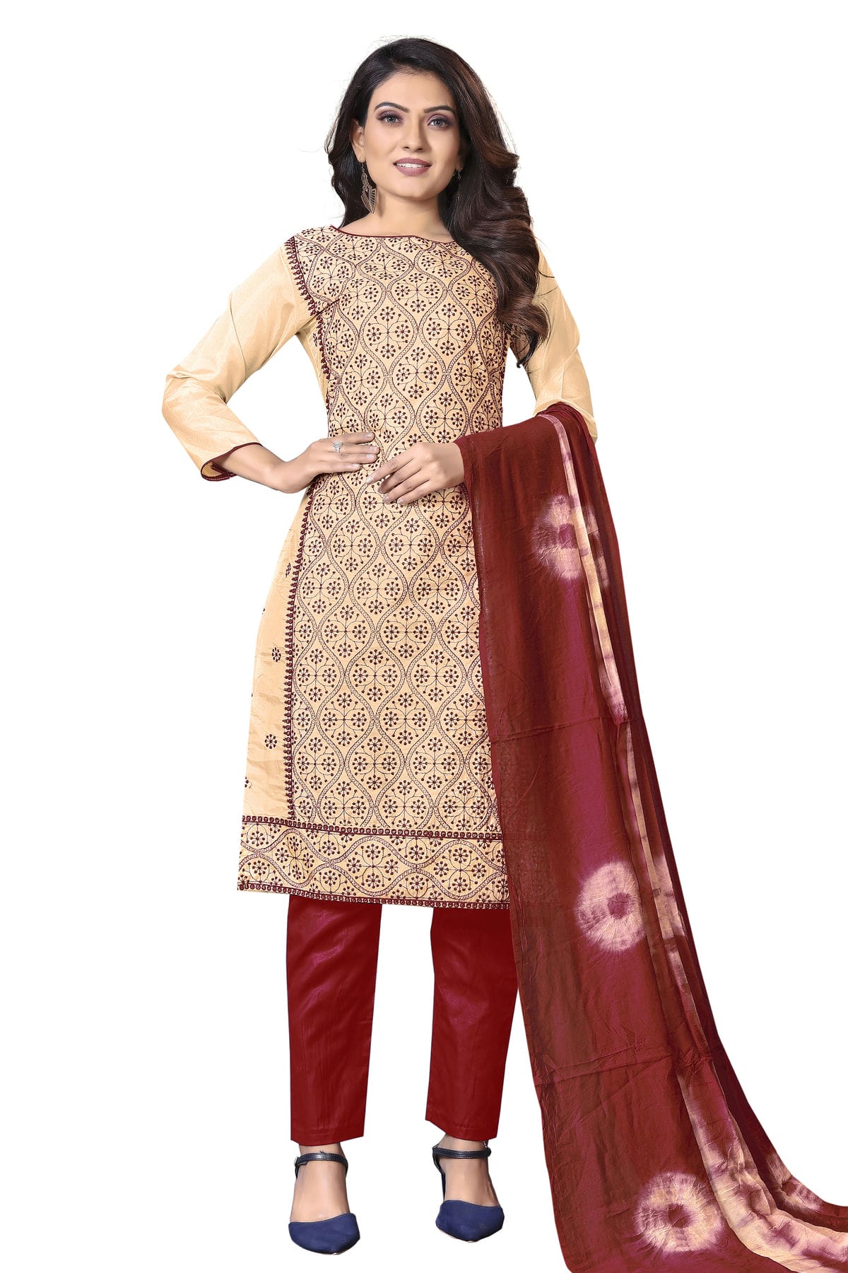 Beige Colour Unstitched Silk Straight Suit