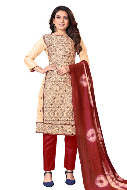 Beige Colour Unstitched Silk Straight Suit