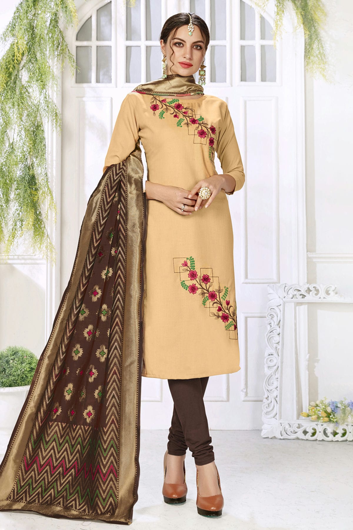 Beige Colour Unstitched Slub Cotton Churidar Suit