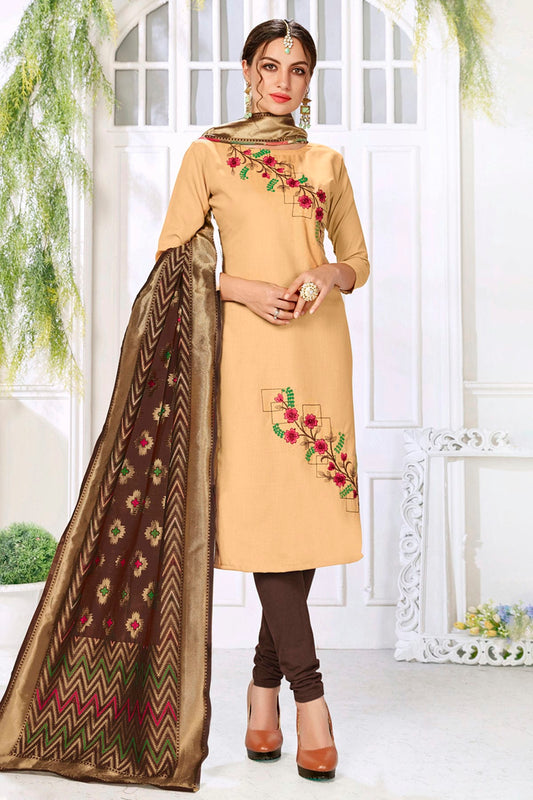 Beige Colour Unstitched Slub Cotton Churidar Suit