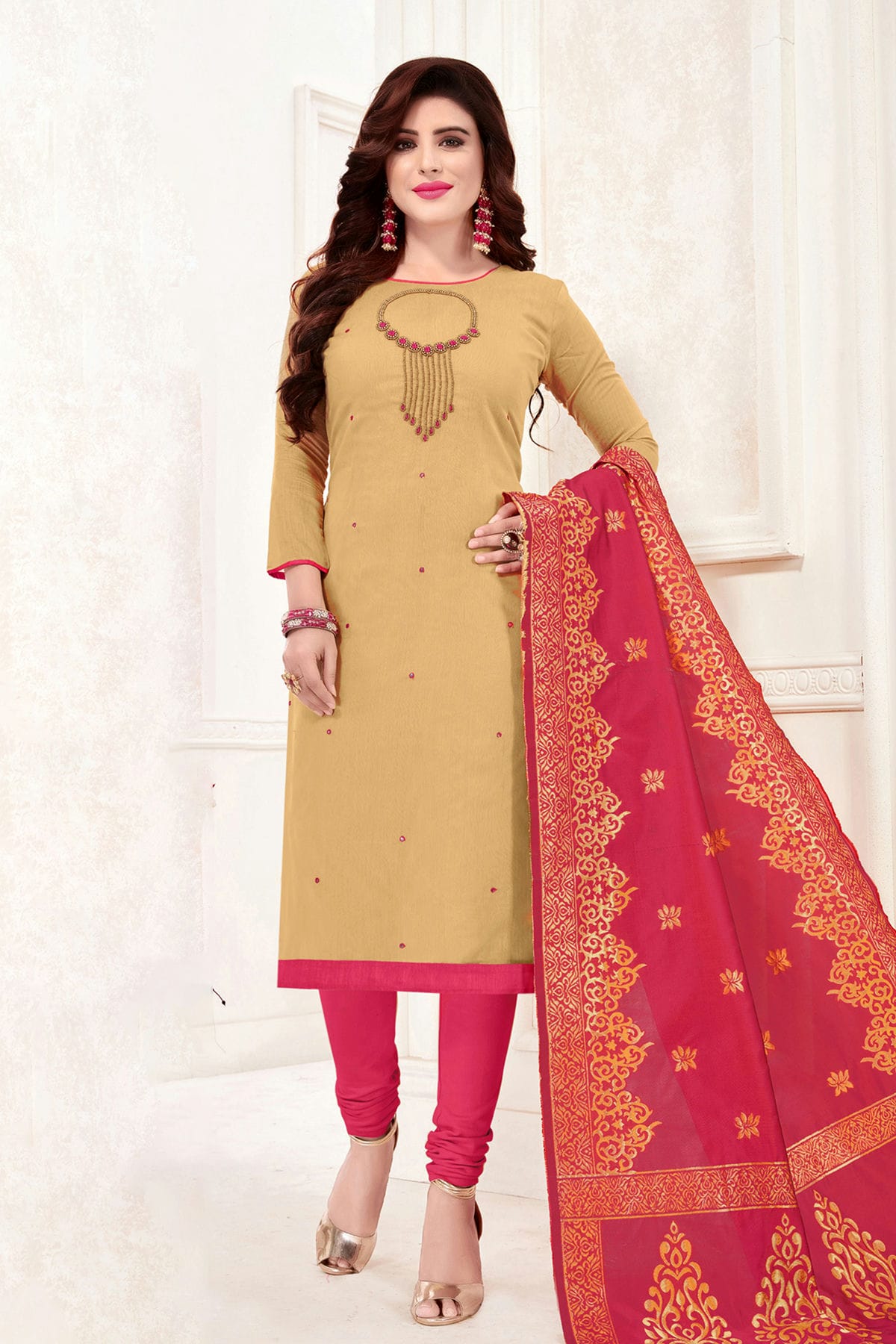 Beige Colour Unstitched Slub Cotton Churidar Suit