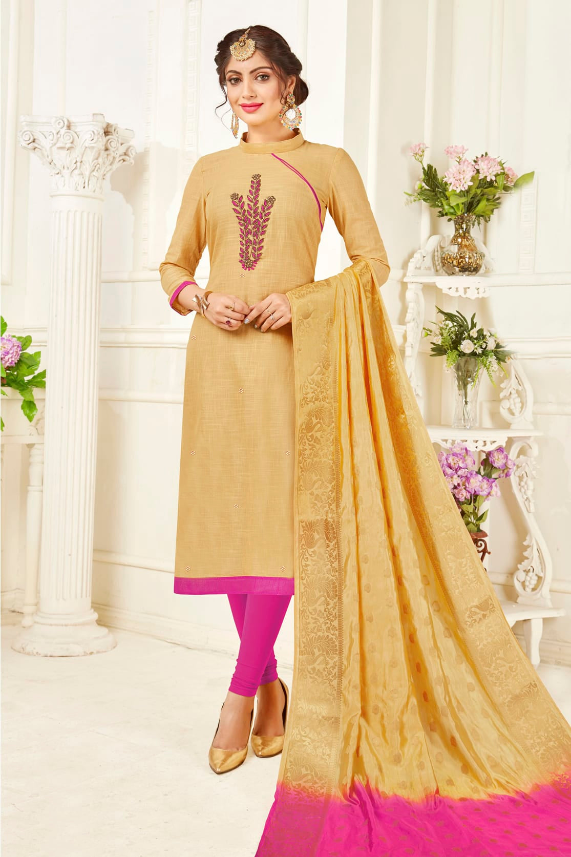 Beige Colour Unstitched South Slub Cotton Straight Suit