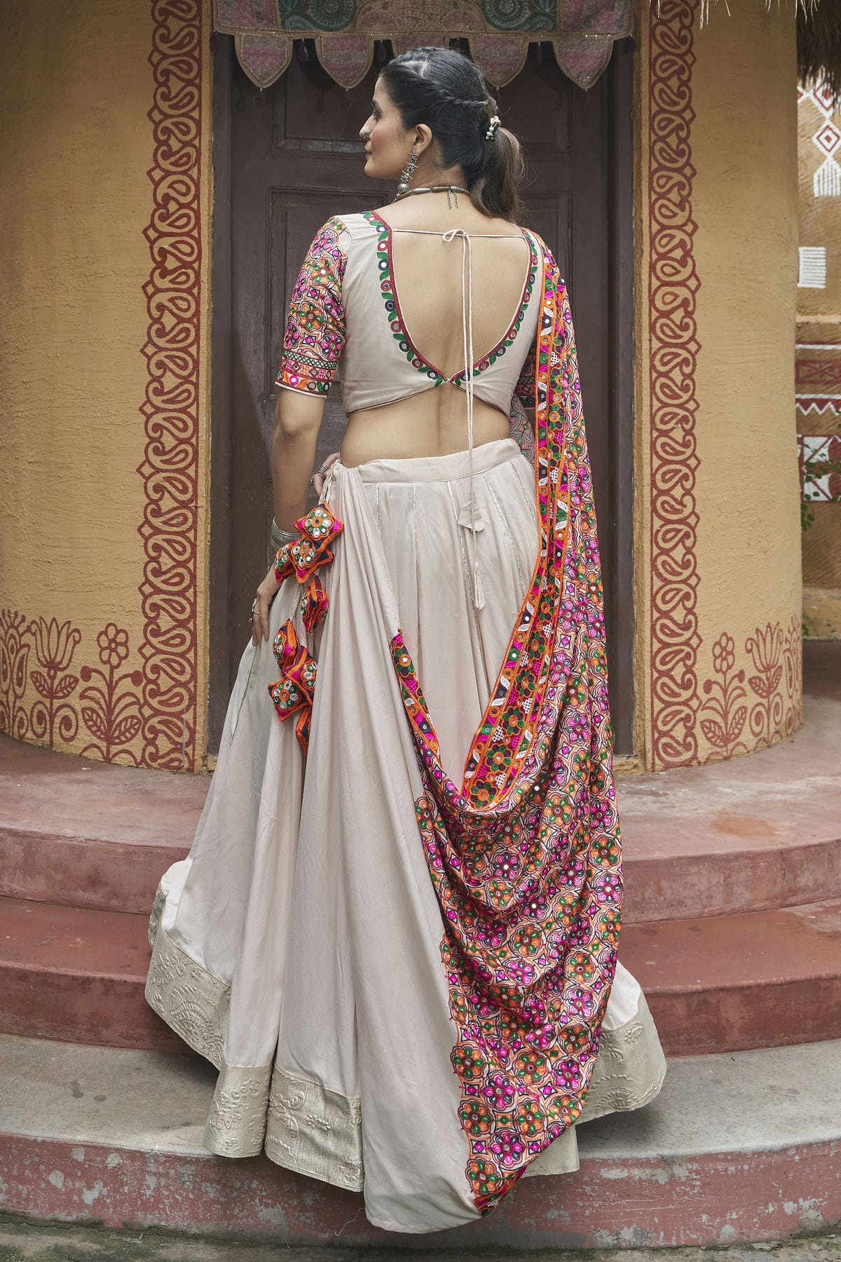 Beige Colour Viscose Rayon Navratri Lehenga