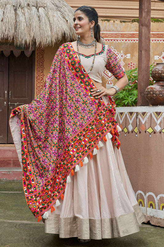 Beige Colour Viscose Rayon Navratri Lehenga