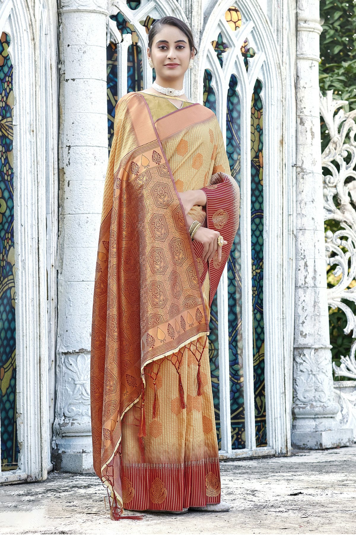 Beige Colour Woven Work Banarasi Silk Saree