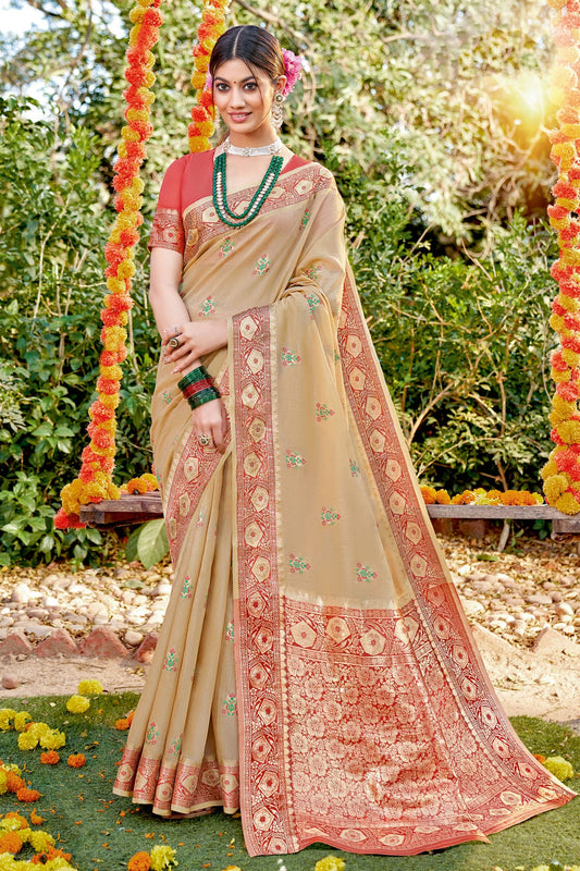 Beige Colour Woven Work Cotton Saree