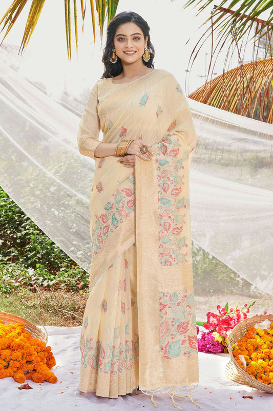 Beige Colour Woven Work Cotton Saree