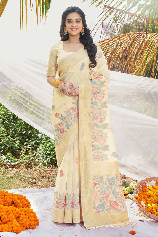 Beige Colour Woven Work Cotton Saree