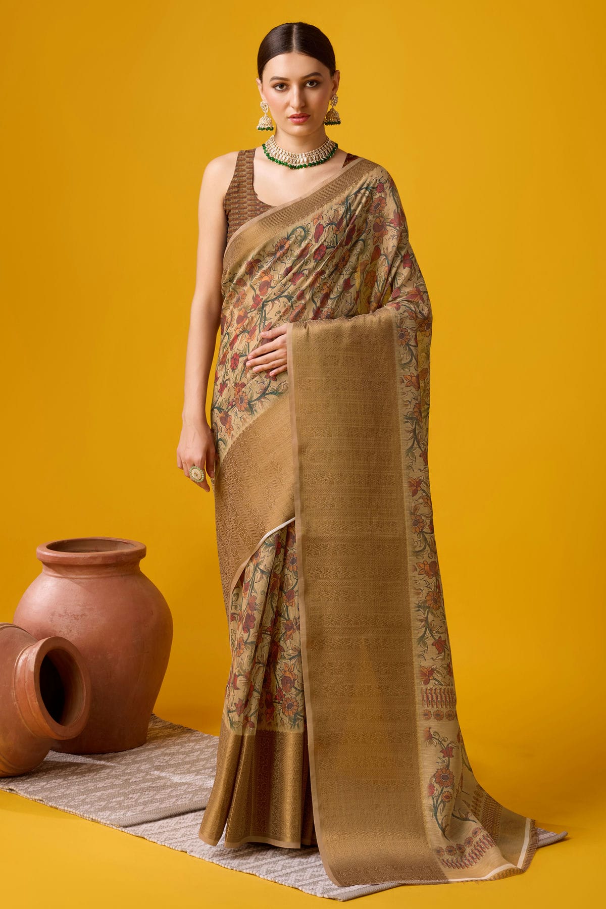 Beige Colour Woven Work Cotton Saree